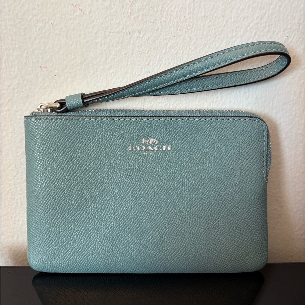 Coach Teal Green Saffiano Leather Wristlet Zip Pouch